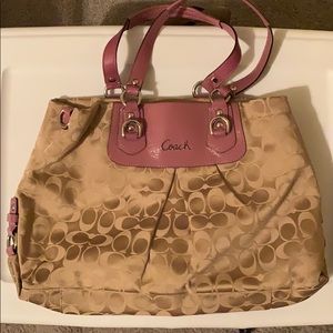 Like new! Tan coach purse with purple straps